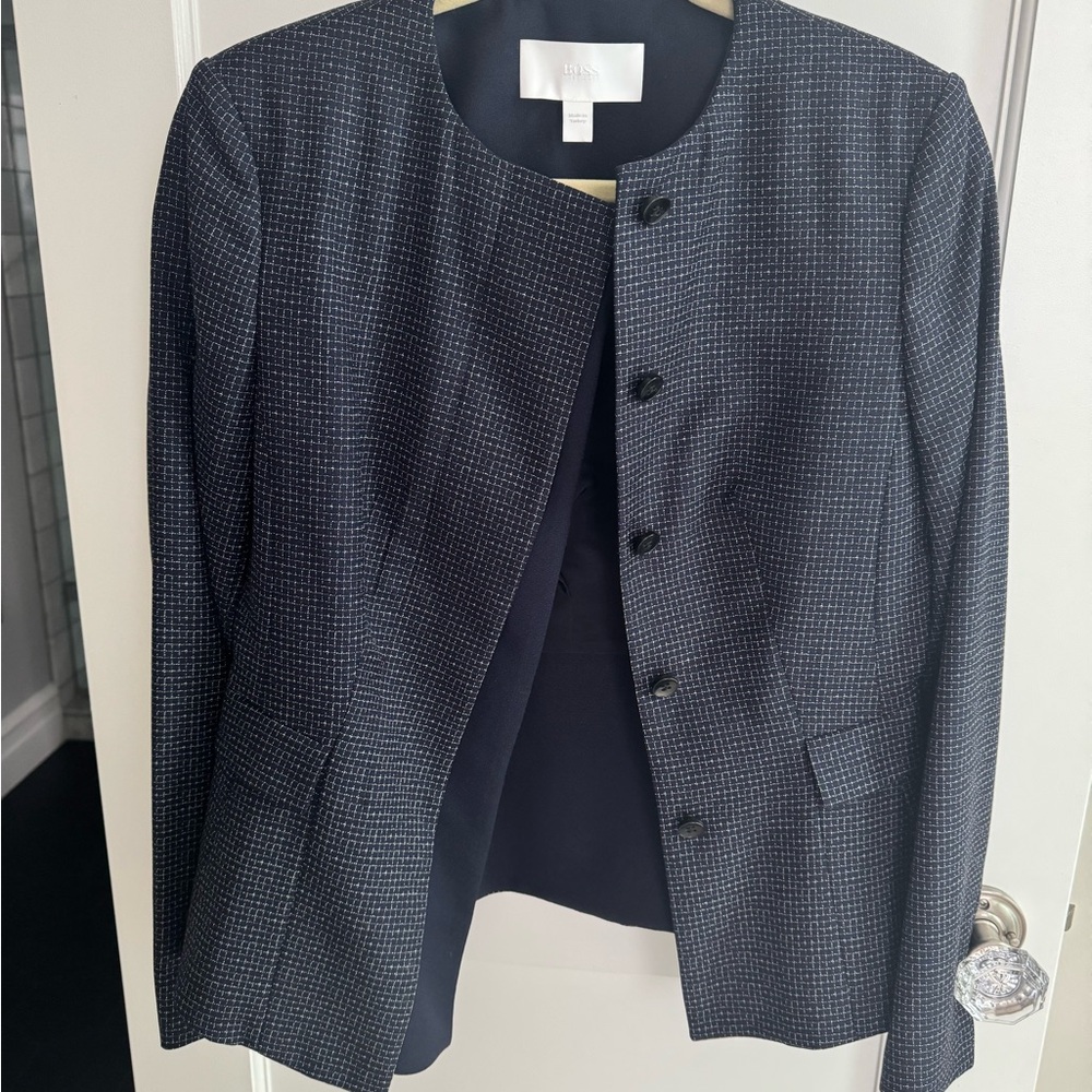 Hugo Boss Navy and Light Blue Patterned Collarless Blazer